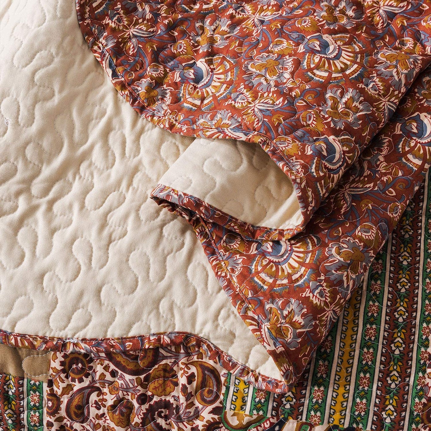 Microfiber Quilt Bedspread Sets-Paisley Garden Pattern Reversible Coverlet Set,Queen Size