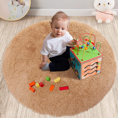Super Soft Shaggy Area Rugs Round Fluffy Circular Bedside Carpet-4ft Diameter, Khaki