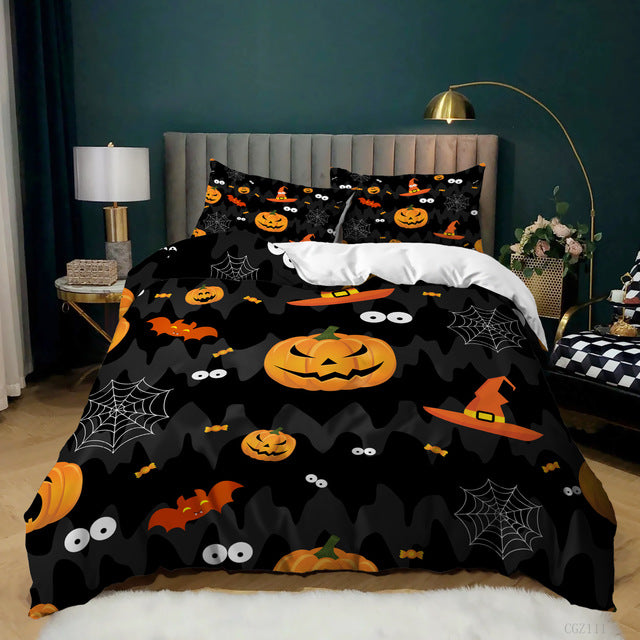Halloween Spider Bat Print Kit Quilt Cover, 3 Piece Bedding Set