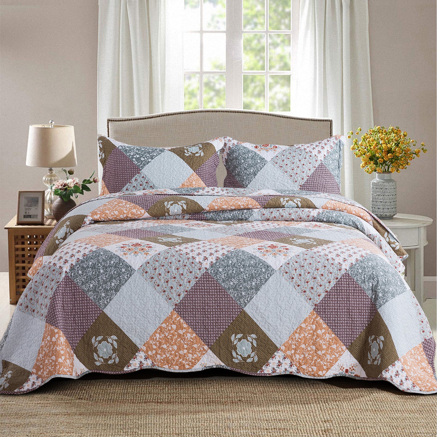 Boho Quilt Bedspread Sets-Checkered Floral Reversible Coverlet Set