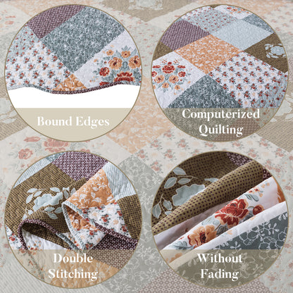 Boho Quilt Bedspread Sets-Checkered Floral Reversible Coverlet Set