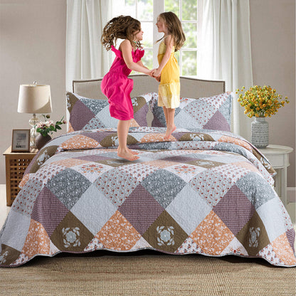 Boho Quilt Bedspread Sets-Checkered Floral Reversible Coverlet Set