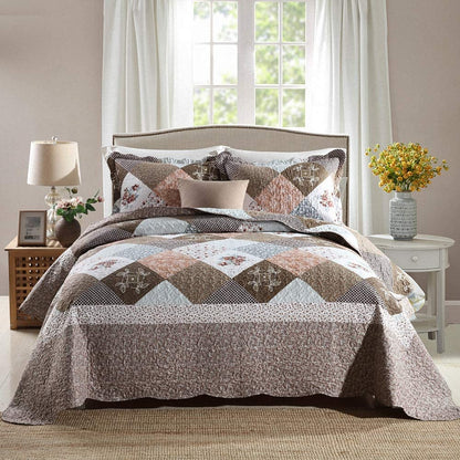 Microfiber Reversible Quilt,Sham in Coffee Checked Floral Pattern