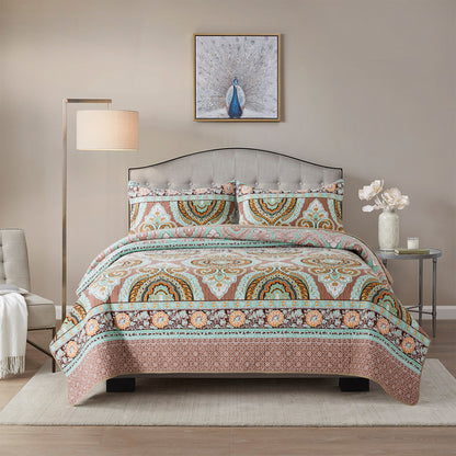 Quilt Bedspread Sets-Bohemian Circles Pattern Reversible Coverlet Set
