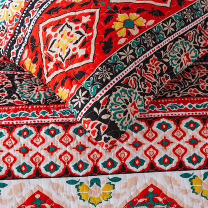 Red Quilt Bedspread Sets-Paisley Garden Pattern Reversible Coverlet Set