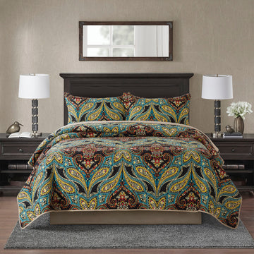 Cuvertură de pat din microfibră, 3 bucăți, set de lenjerie de pat reversibil cu design retro Cuverturi pentru toate anotimpurile 