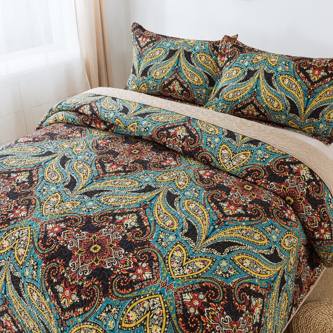 Cuvertură de pat din microfibră, 3 bucăți, set de lenjerie de pat reversibil cu design retro Cuverturi pentru toate anotimpurile 