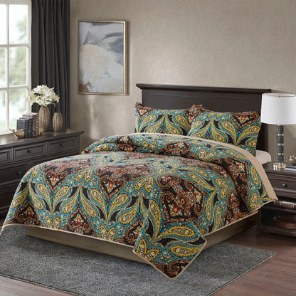 3 Piece Microfiber Bedspread Reversible-Retro Design Bedding Set All Season Quilts