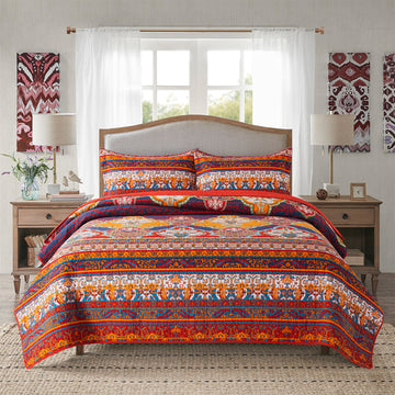 Cuvertură de pat din microfibră, 3 bucăți, set de lenjerie de pat reversibil cu design retro Cuverturi pentru toate anotimpurile 