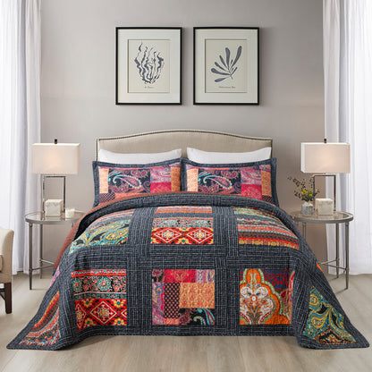 Striped Cotton 3pc Patchwork Bedspread Quilt Sets