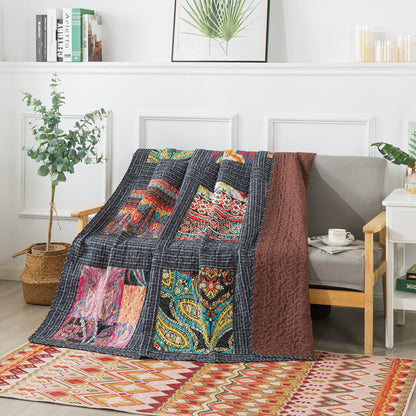 Quilted Throw Blanket for Bed Couch Sofa, Black Classic Bohemian, 60X78 Inch