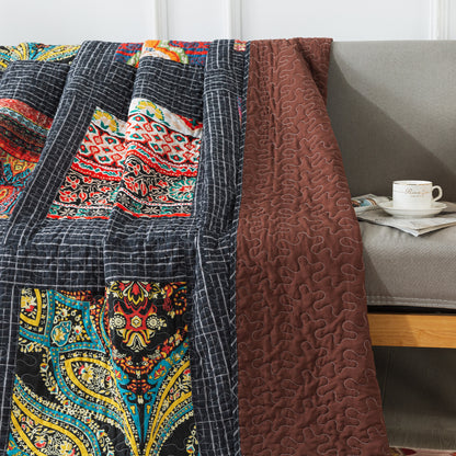 Quilted Throw Blanket for Bed Couch Sofa, Black Classic Bohemian, 60X78 Inch