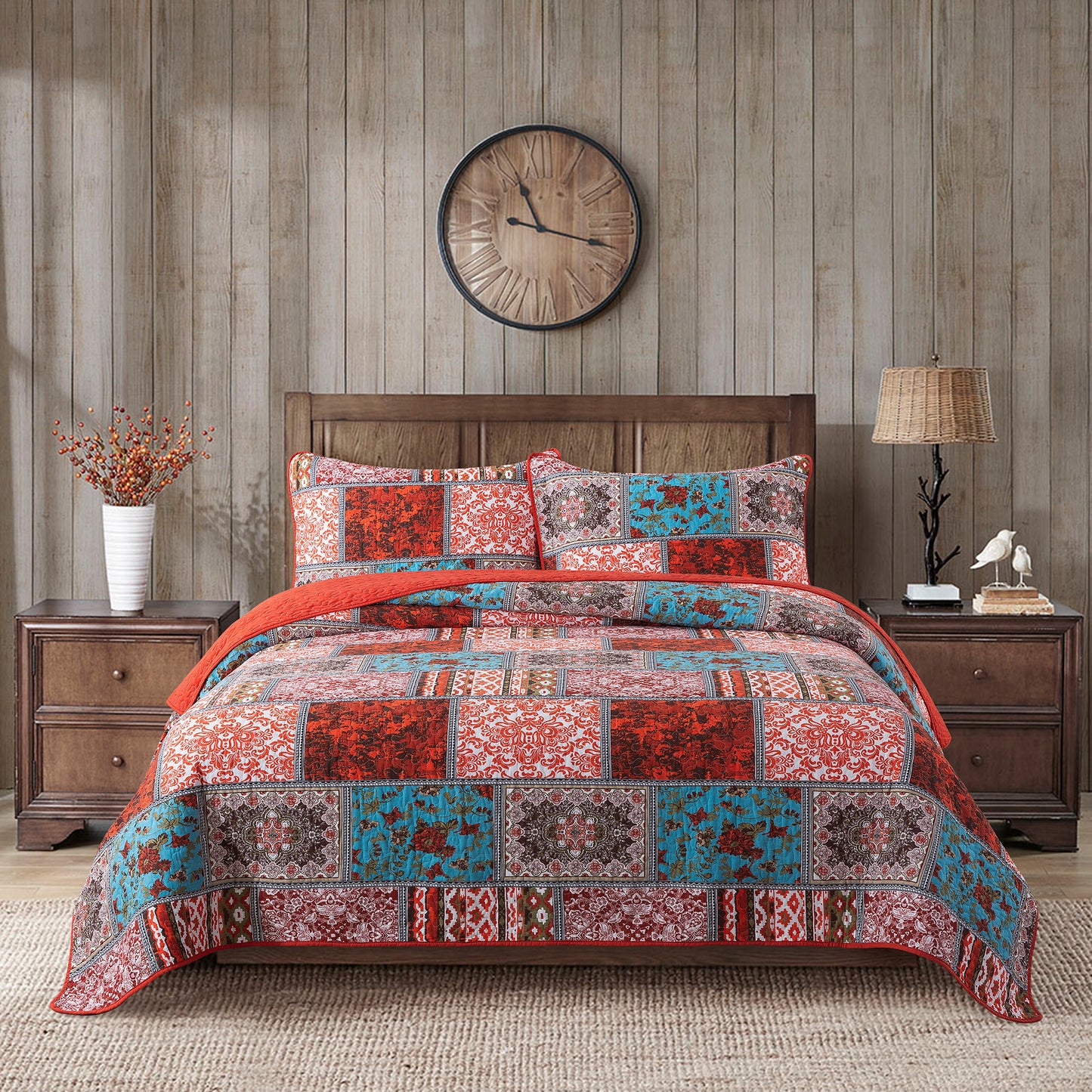 Cotton Bedspread Quilt Sets-Reversible Patchwork Coverlet Set
