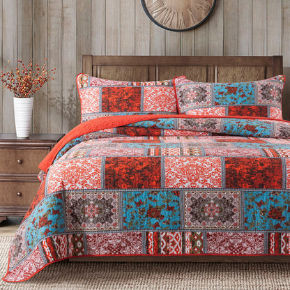Cotton Bedspread Quilt Sets-Reversible Patchwork Coverlet Set