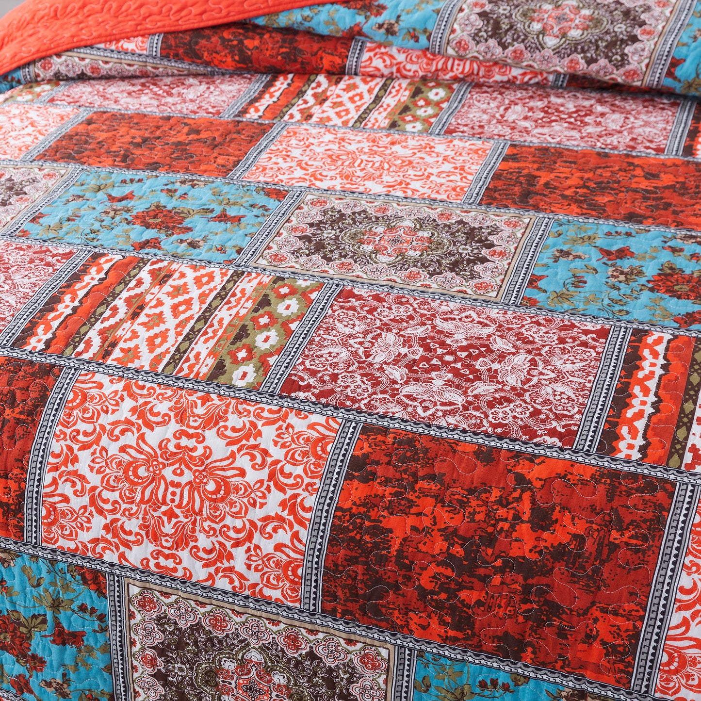 Cotton Bedspread Quilt Sets-Reversible Patchwork Coverlet Set