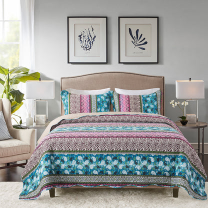Bedspread Sets-Boho Paisley Stripes Turquoise Aqua Reversible Coverlet Set