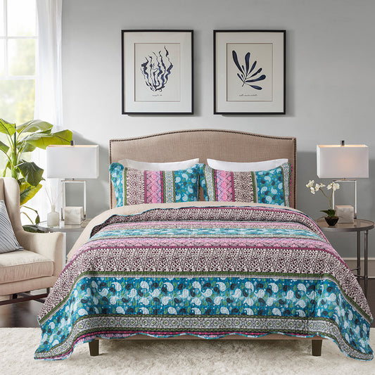 Bedspread Sets-Boho Paisley Stripes Turquoise Aqua Reversible Coverlet Set