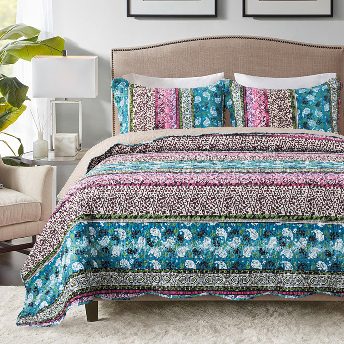 Seturi de cuverturi de pat-Set de cuverturi reversibile cu dungi Boho Paisley Stripes Turcoaz Aqua 