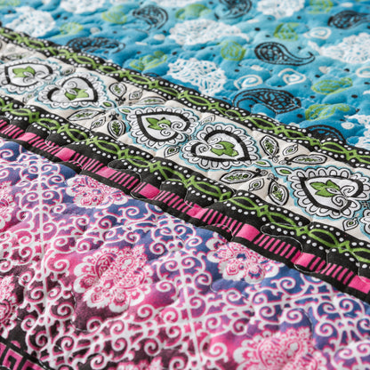 Bedspread Sets-Boho Paisley Stripes Turquoise Aqua Reversible Coverlet Set