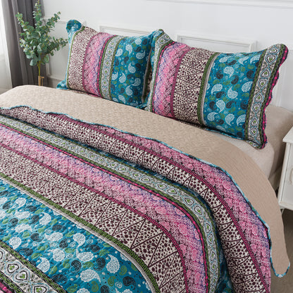 Bedspread Sets-Boho Paisley Stripes Turquoise Aqua Reversible Coverlet Set
