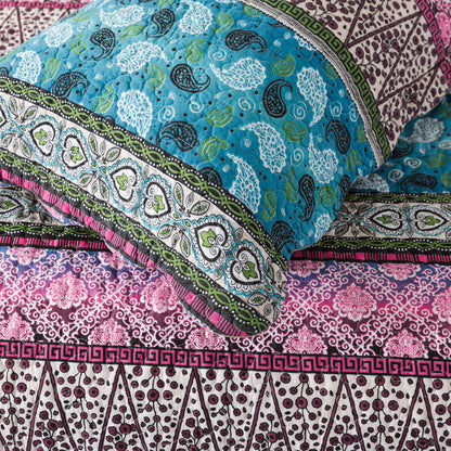 Bedspread Sets-Boho Paisley Stripes Turquoise Aqua Reversible Coverlet Set