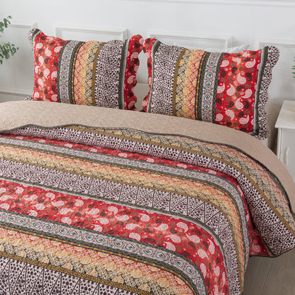 Boho Quilt Bedspread Sets-Boho Paisley Stripes Turquoise Aqua Reversible Coverlet Set