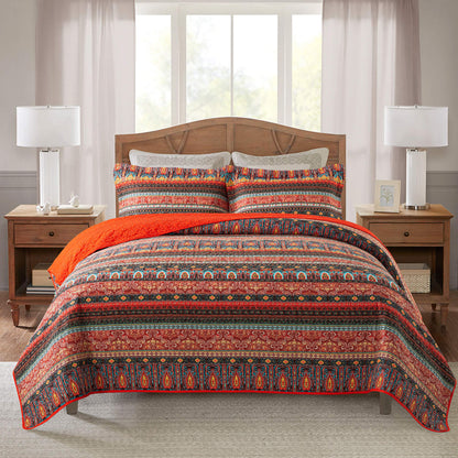 Cotton Bedspread Quilt Sets, Orange Bohemian Pattern, Queen