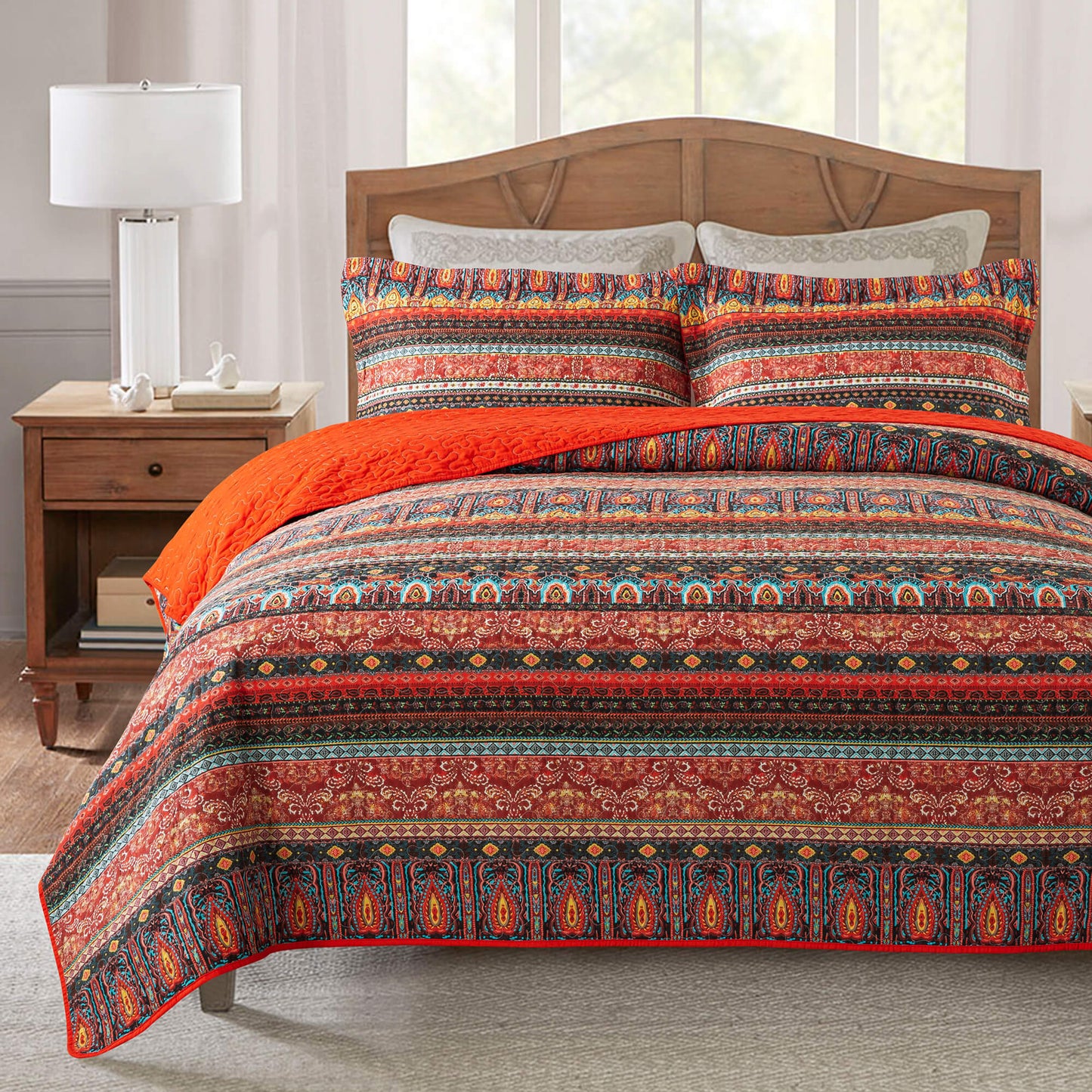 Cotton Bedspread Quilt Sets, Orange Bohemian Pattern, Queen