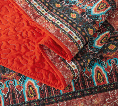 Cotton Bedspread Quilt Sets, Orange Bohemian Pattern, Queen