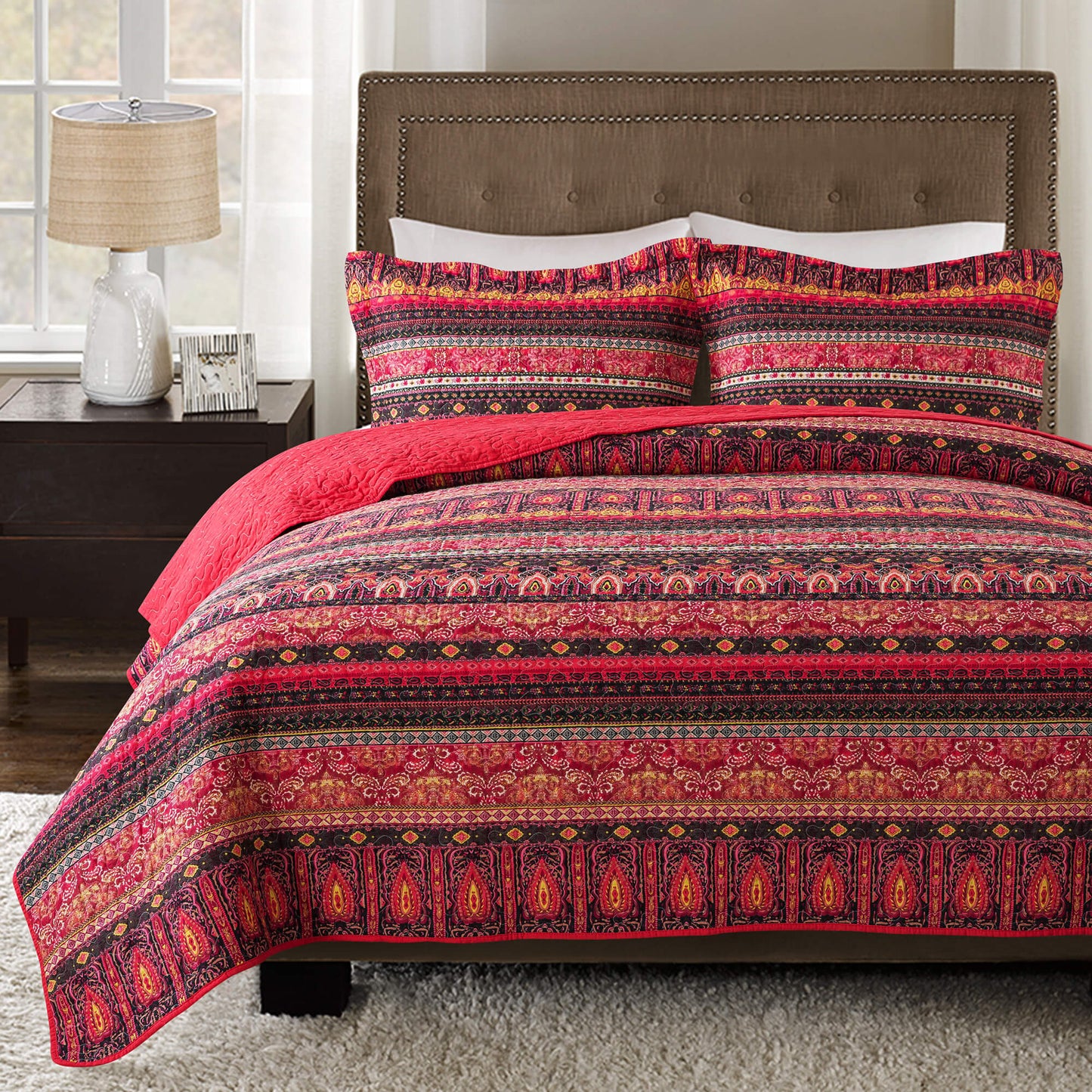 Cotton Bedspread Quilt Sets, Red Bohemian Style, Queen