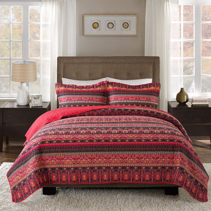Cotton Bedspread Quilt Sets, Red Bohemian Style, Queen