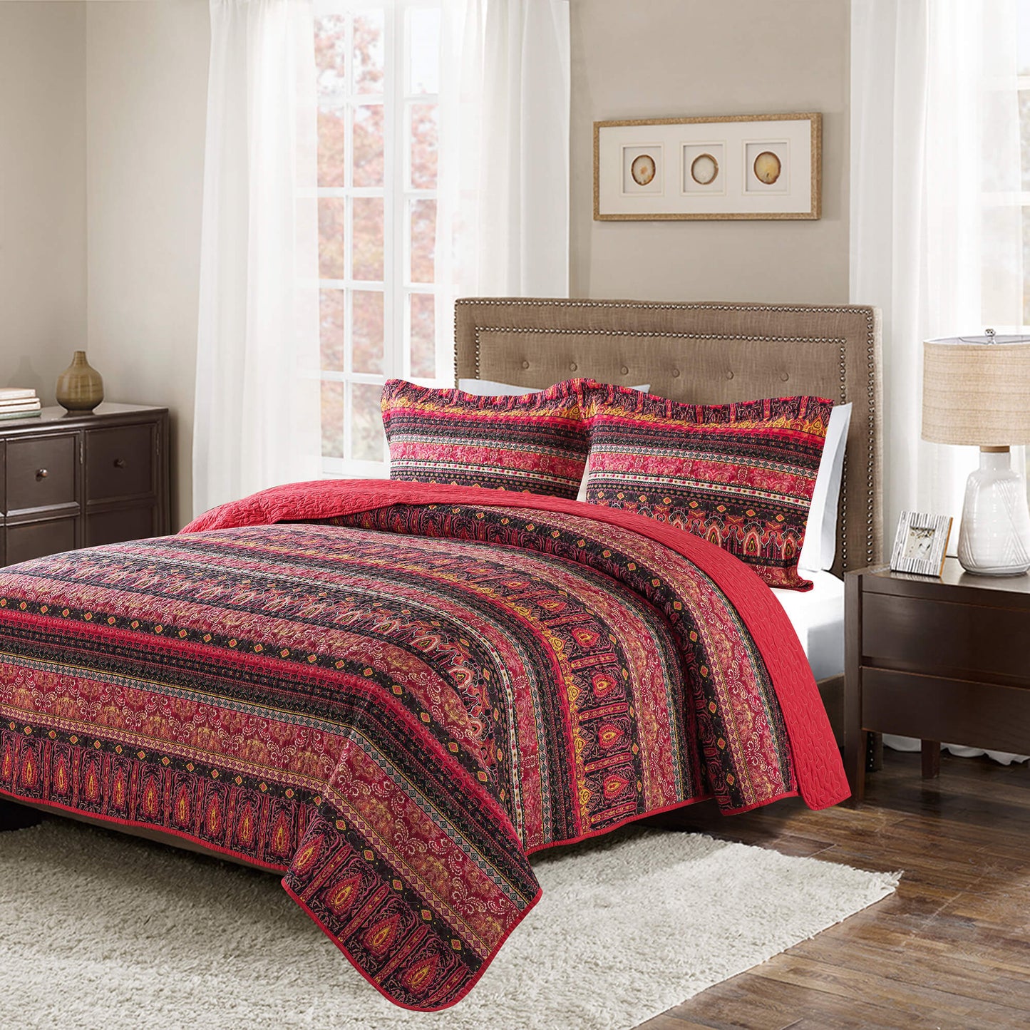 Cotton Bedspread Quilt Sets, Red Bohemian Style, Queen