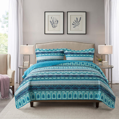 Cotton Bedspread Quilt Sets, Blue Mysterious Bohemian Style, Queen