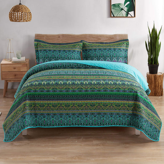 Cotton Bedspread Quilt Sets, Green Bohemian, Queen