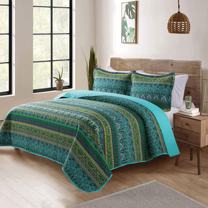 Cotton Bedspread Quilt Sets, Green Bohemian, Queen