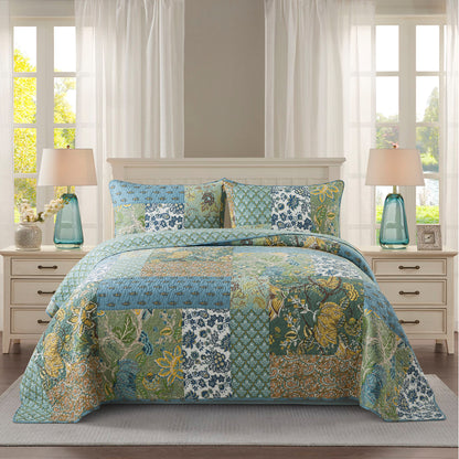 Advanced Quilt-Cotton Patchwork Bedspread, 3-Piece Bedding Quilt Set with Real Stitched Embroidery