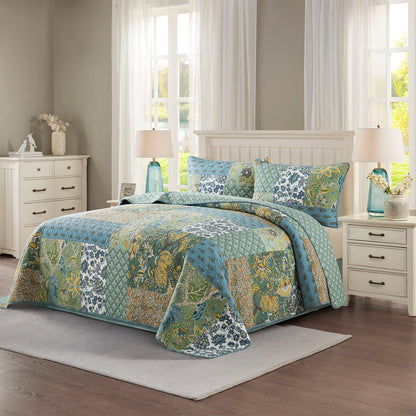 Advanced Quilt-Cotton Patchwork Bedspread, 3-Piece Bedding Quilt Set with Real Stitched Embroidery