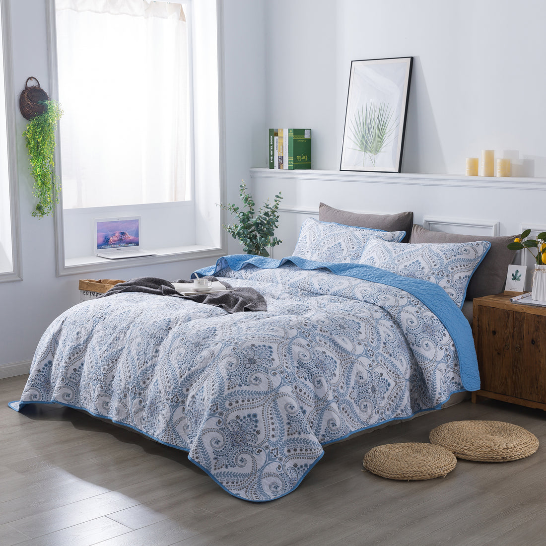 Cuvertură de pat din microfibră, 3 bucăți, set de lenjerie de pat reversibil cu design retro Cuverturi pentru toate anotimpurile 