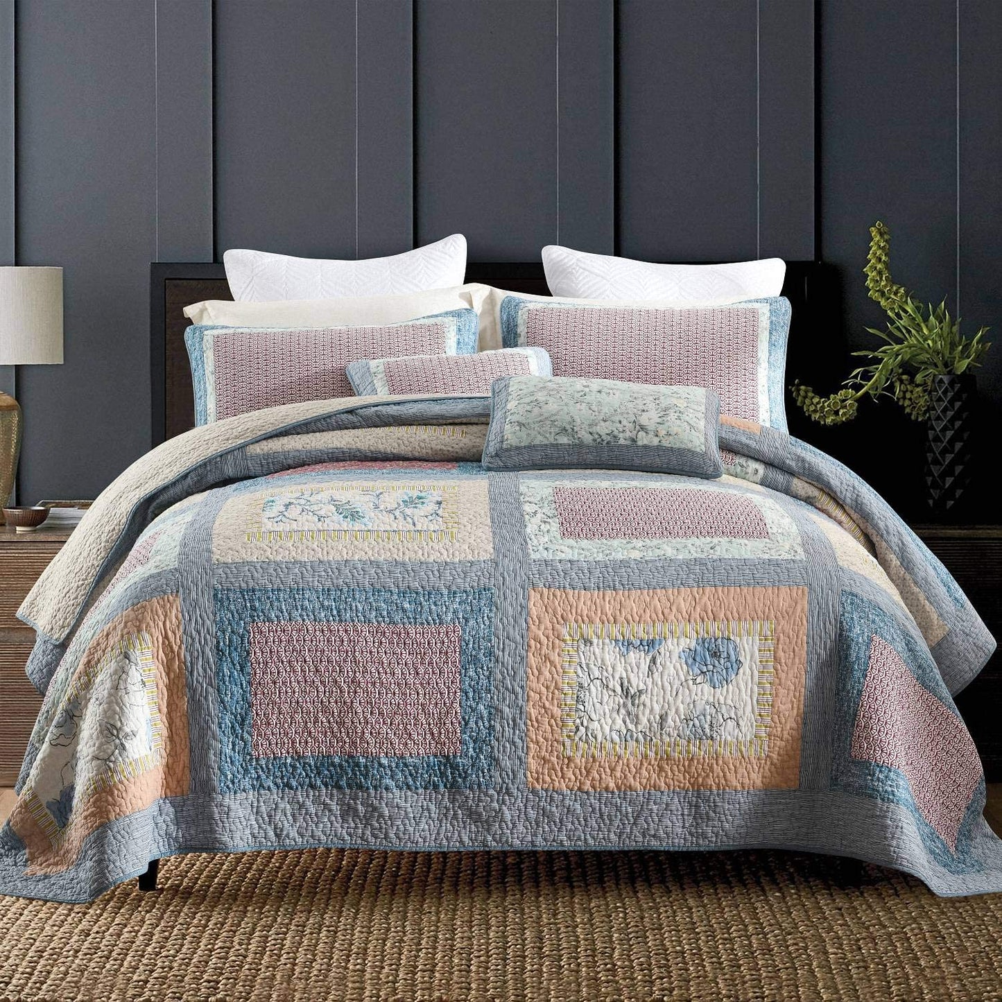 Cotton Bohemian Floral Pattern Bedspread Quilt Set with Real Stitched Embroidery