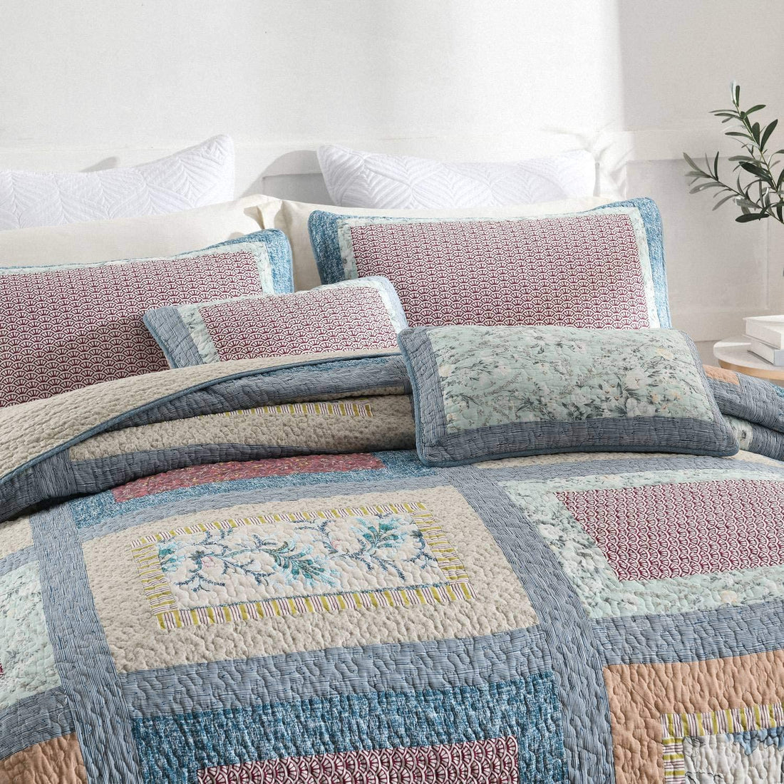 Set de cuvertură de pat din bumbac, cu model floral, cu broderie reală cusută 