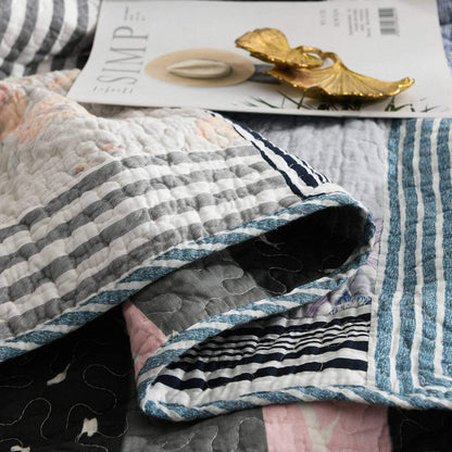 Cotton Bedspread Quilt Set with Real Stitched Embroidery, Classic Floral Pattern,Queen/King Size