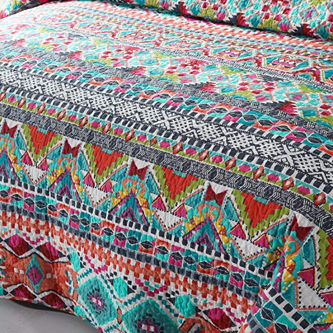 100% Cotton Bedspread Quilt Sets, Reversible Patchwork Coverlet Set, Light Bohemian Style, Full Size