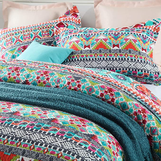 100% Cotton Bedspread Quilt Sets, Reversible Patchwork Coverlet Set, Light Bohemian Style, Full Size