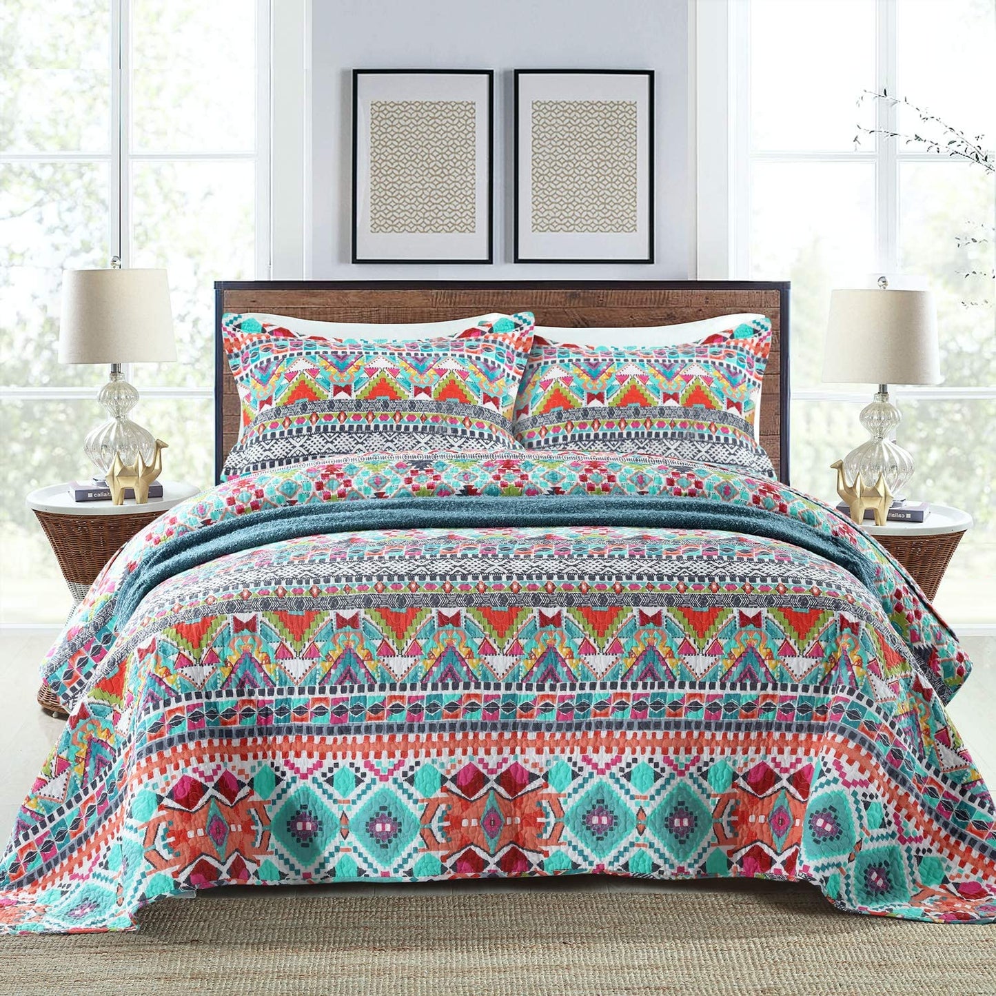 100% Cotton Bedspread Quilt Sets, Reversible Patchwork Coverlet Set, Light Bohemian Style, Full Size