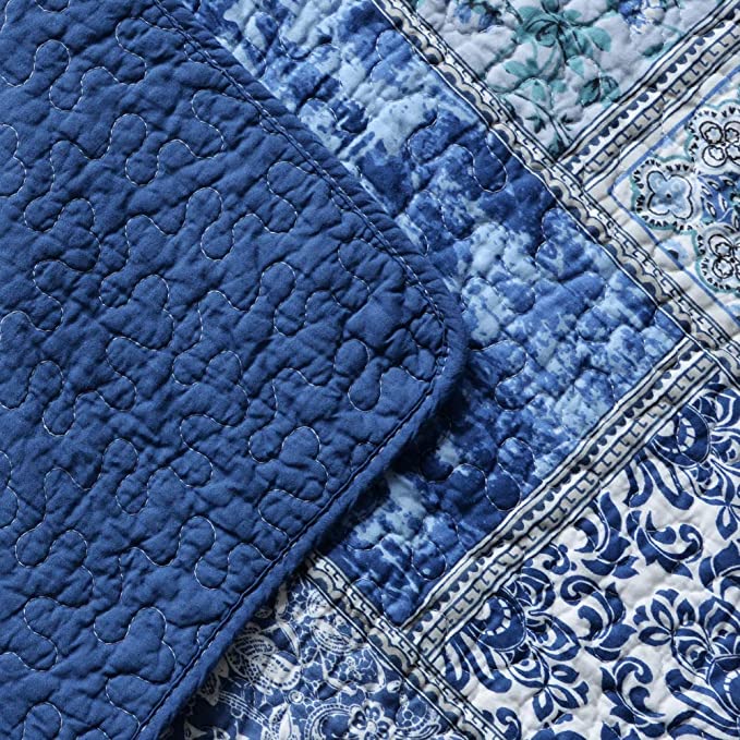Quilted Throw Blanket for Bed Couch Sofa, Blue Classic Bohemian Blanket