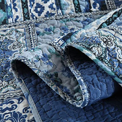 Quilted Throw Blanket for Bed Couch Sofa, Blue Classic Bohemian Blanket