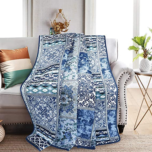 Quilted Throw Blanket for Bed Couch Sofa, Blue Classic Bohemian Blanket
