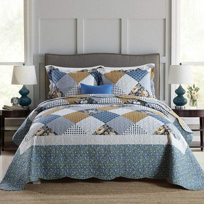 Microfiber Reversible Quilt, Sham in Blue Checked Floral Pattern
