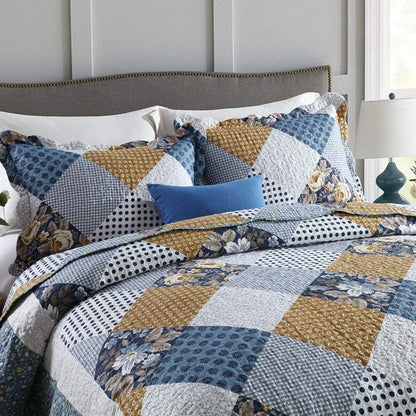 Microfiber Reversible Quilt, Sham in Blue Checked Floral Pattern