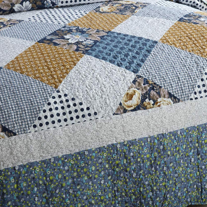 Microfiber Reversible Quilt, Sham in Blue Checked Floral Pattern